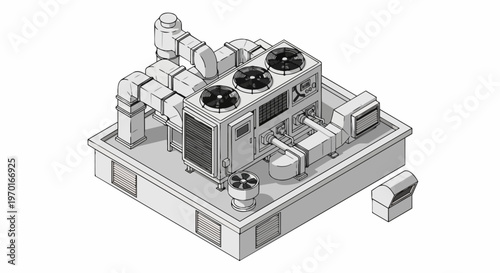 Isometric HVAC System Illustration, Industrial Air Conditioning and Ventilation Rooftop Unit with Ducts and Fans