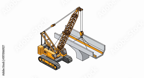Isometric Crawler Crane Constructing Concrete Bridge Infrastructure Vector Illustration