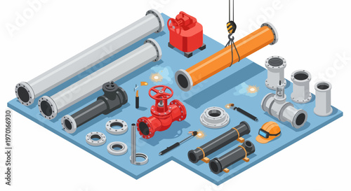 Isometric Industrial Piping and Infrastructure Illustration with Valves, Metal Pipes, Welding Equipment, and Safety Gear for Engineering and Construction Concepts