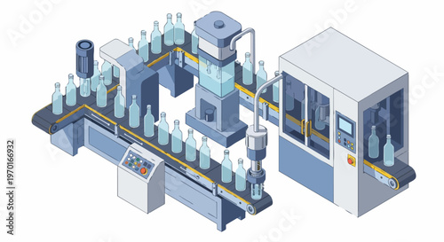 Isometric View of an Automated Bottling Production Line with Conveyor Belts and Industrial Filling Machinery in a Factory Setting