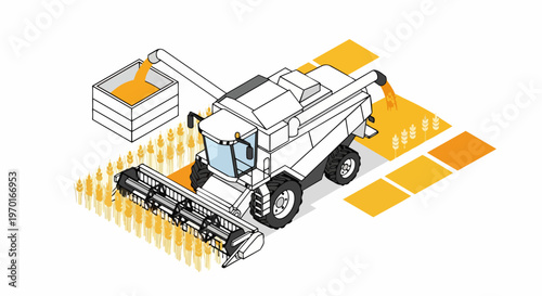 Isometric Combine Harvester Machine Harvesting Wheat in Field Illustration. Modern Agricultural Technology and Smart Farming Concept on White Background.