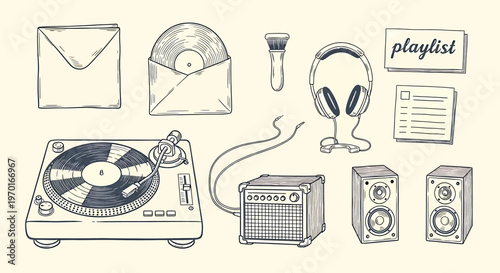 Vintage audio equipment collection isolated on transparent background a nostalgic sketch of music technology