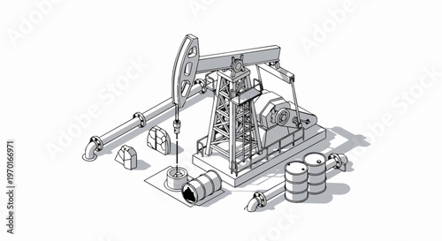 Isometric Oil Pumpjack and Pipeline Illustration with Barrels - Monochrome Industrial Line Art