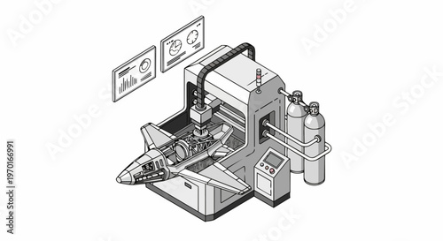 Industrial 3D Printing Machine Manufacturing a Jet Aircraft Prototype, Isometric Additive Manufacturing Technology for Aerospace Engineering