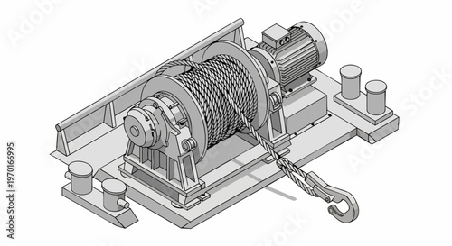 Isometric Industrial Electric Winch with Cable Drum and Hook Illustration