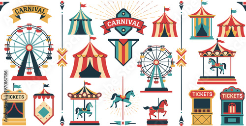 Carnival amusement park collection with circus tents ferris wheel carousel and fair elements, colorful vintage festival vector set isolated on white background