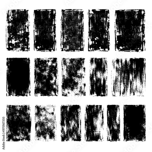 Grunge ink stamp textures set. Distressed roller print rectangles with rough edges, dry brush streaks and vintage letterpress effect.