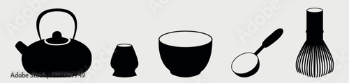 Vector set of elements for making matcha tea in black and white, hand drawn. Teapot, matcha, cup, spoon