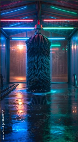 A large cylindrical car wash brush stands in the center of the washing bay, illuminated by neon lights, surrounded by jets of water and colorful reflections on the wet floor.