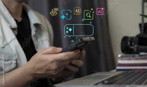Close-up of person using smartphone with AI interface icons, representing artificial intelligence technology, mobile application, digital assistant, smart search