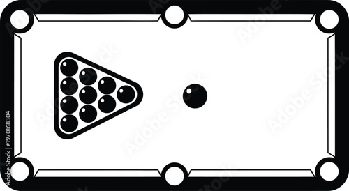 Black and white overhead icon of a pool table with a rack of balls and a single cue ball.