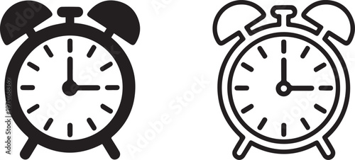 Clock icons in black and white show timekeeping design elements for various uses in modern digital and print media