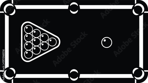 Black and white icon of a pool table with a rack of balls and a cue ball on it