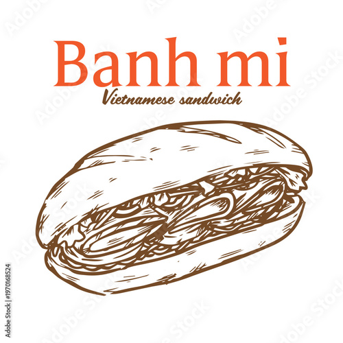Hand drawn Vietnamese sandwich Banh mi outline drawing vector illustration