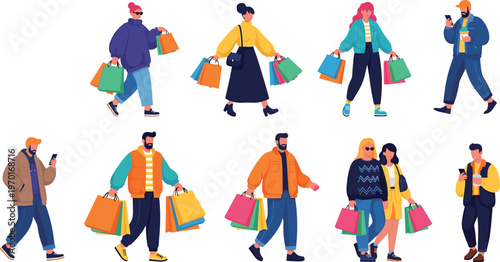 People Shopping Cartoon Character Vector Set with Men and Women Carrying Colorful Shopping Bags, Retail Customers Walking with Purchases Illustration Collection