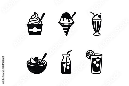 Black and white dessert and drink icon set - Monochrome sweet treat and beverage icon collection