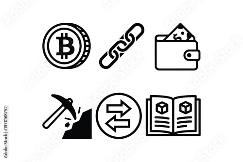 Line art crypto finance icon collection - Digital currency and blockchain icon pack