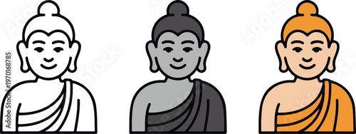 Minimalist Buddha Statue Icon Set Featuring Three Stylized Zen Designs In Outline Solid Black And Golden Color Styles For Meditation Wellness Graphic Design