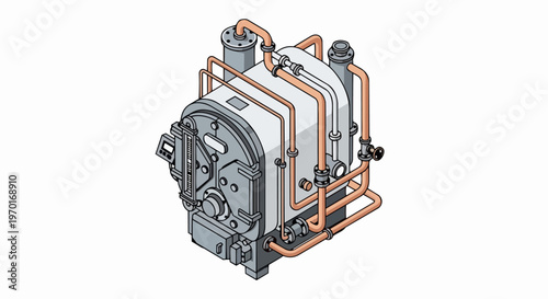 Isometric Industrial Boiler and Heating System Illustration with Copper Piping and Technical Details