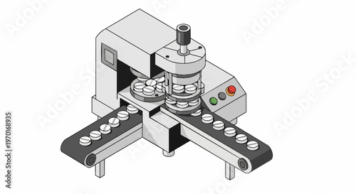 Isometric Illustration of a Pharmaceutical Pill Press Machine on an Automated Production Line Conveyor Belt for Medicine Manufacturing