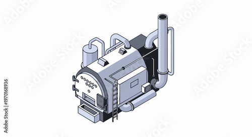 Isometric Industrial Boiler and Heating System Illustration - 3D Mechanical Factory Machinery Design