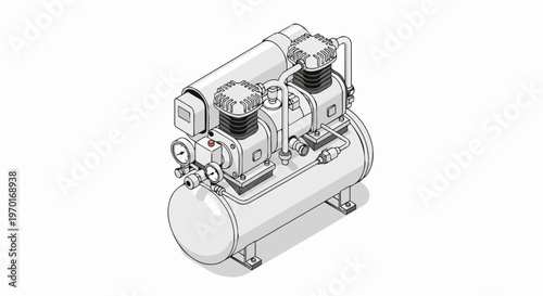 Isometric Air Compressor Line Art Illustration - Industrial Pneumatic Equipment Technical Drawing Vector for Workshop and Engineering Projects