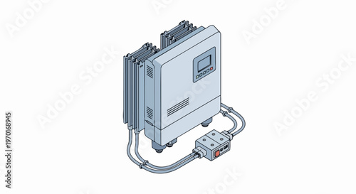 Isometric Industrial Solar Inverter and Power Control Unit Illustration, Electronic Converter with Heat Sinks and Cables Isolated on White Background