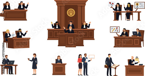 Set of Courtroom Legal Scenes with Lawyers, Judges, and Legal Professionals Engaged in Court Hearings, Presentations, and Case Investigations