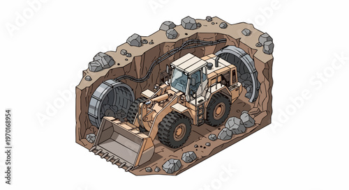 Isometric Underground Mining Loader Illustration: Heavy Duty Excavator Machine Working in a Tunnel Site