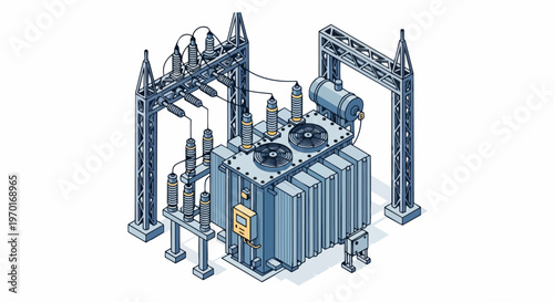 Isometric High Voltage Electrical Transformer and Substation Illustration for Power Grid and Energy Infrastructure