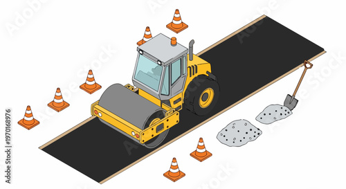 Isometric Road Roller on Asphalt Strip with Traffic Cones and Construction Equipment