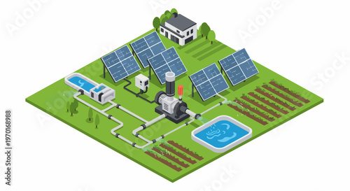 Isometric Solar Powered Irrigation System for Sustainable Agriculture and Smart Farming Concept