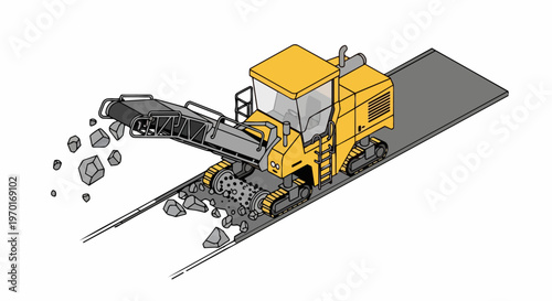Isometric Illustration of a Heavy-Duty Cold Planer Road Milling Machine for Asphalt Pavement Removal and Surface Repair on White Background