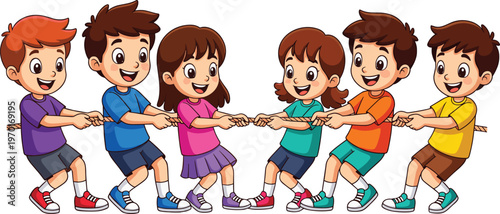 Kids playing tug of war game cartoon characters, teamwork and fun children activity illustration vector