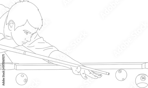 Line drawing illustration of a young man aiming a cue stick at a pool table with several balls.