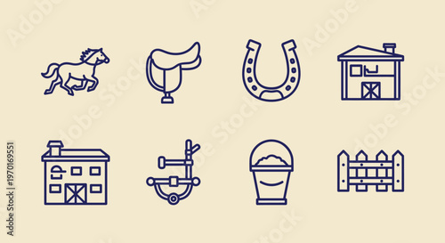 Collection of equestrian and farm-related line art icons on a beige background