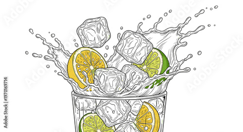 Refreshing citrus splash with ice cubes in a glass, dynamic liquid motion