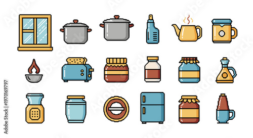 Pixel art icons of kitchen and home items for digital design projects