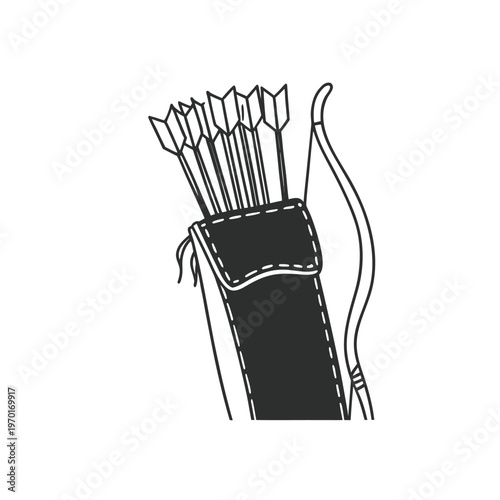 Detailed black and white vector illustration of a traditional back quiver filled with arrows and a classic recurve bow.