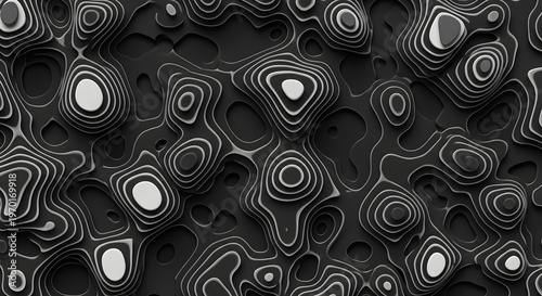 Abstract Topographic Contour Lines Pattern, Dark Gray and White Organic Textured Background
