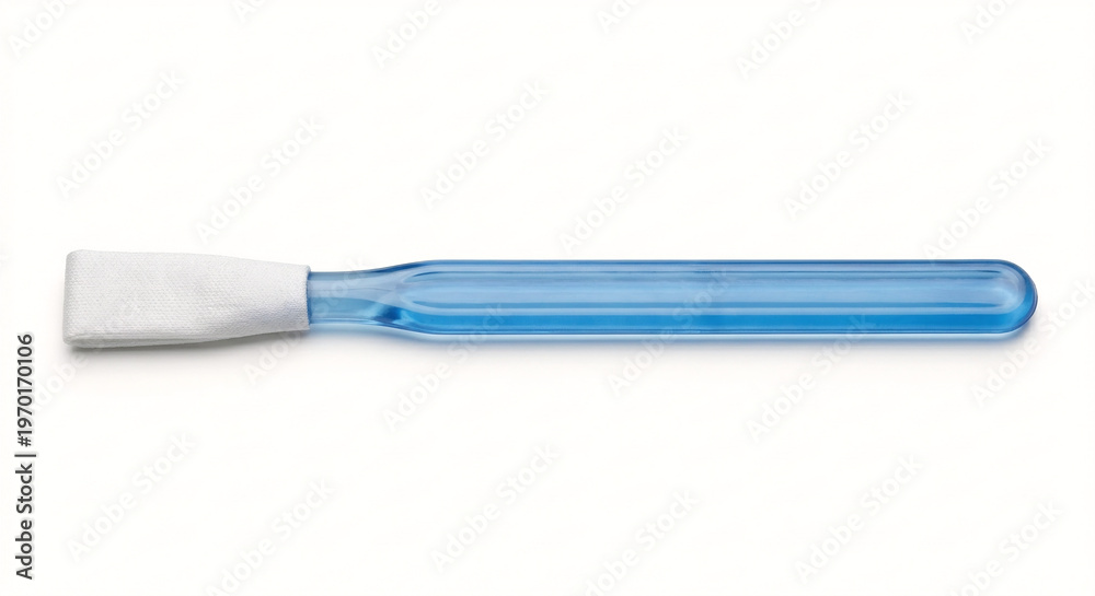 Fototapeta premium Studio photo of a cleaning swab. Features a blue translucent plastic handle and a white lint-free head. Isolated on a pure white background.