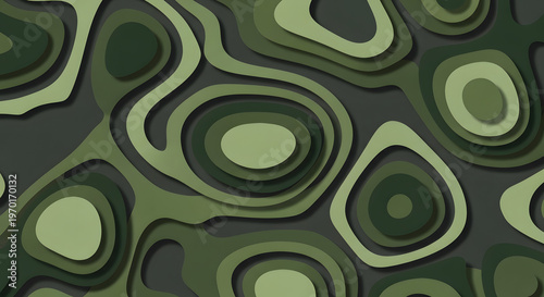 Abstract topographic background with dynamic flowing organic shapes in earthy green and grey tones, creating a modern paper cut style design with layered depth