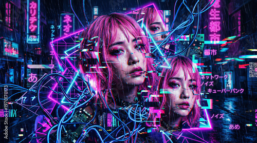 Cyberpunk girl portrait with neon lights, glitch effect and futuristic city