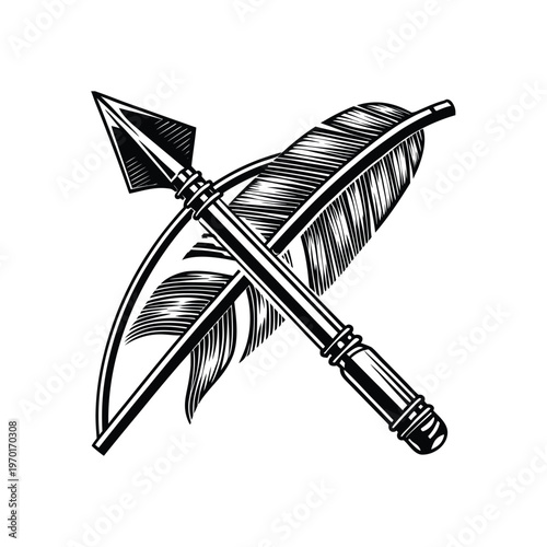 Black and white vector illustration of a detailed hunting arrow with a broadhead tip, crossed with a large feather, symbolizing traditional archery and the hunt.