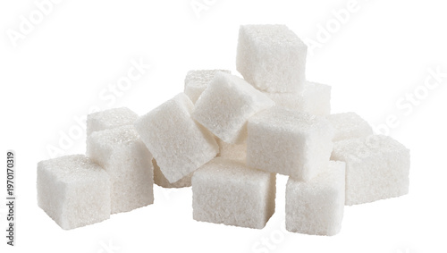 Pile of white sugar cubes stacked together, isolated on transparent cutout background