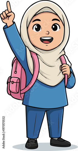 Smiling Muslim School Girl Wearing Hijab and Backpack Pointing Up for Education and Learning