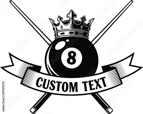 Black and white billiard emblem featuring an eight ball with a crown and crossed cue sticks.