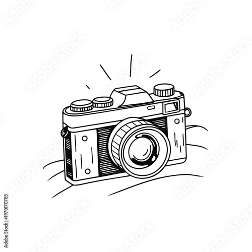 Stylish line art vector illustration of a vintage camera with a subtle flash effect, capturing retro photography and cherished memories.