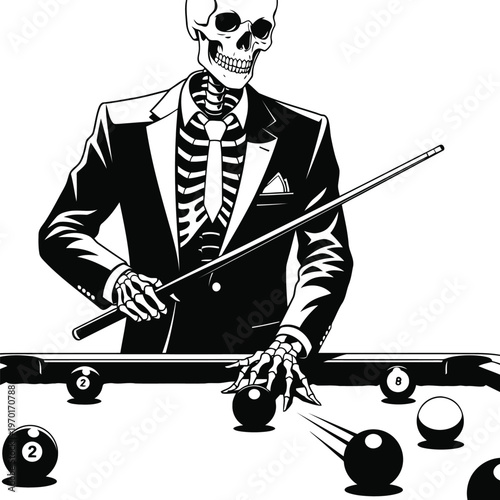 A dapper skeleton in a formal suit and tie playing a game of pool on a billiard table