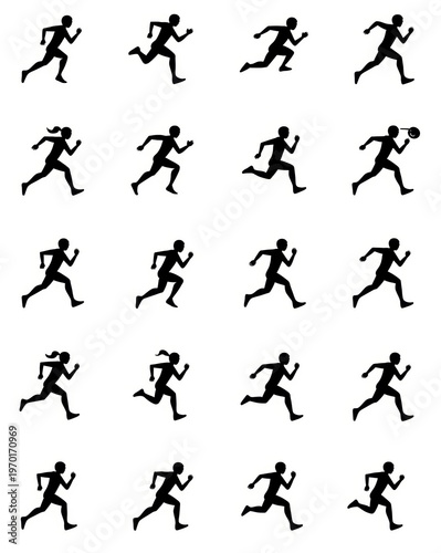 Running silhouettes, athletic poses, black icons, fitness graphics, 20 action figures